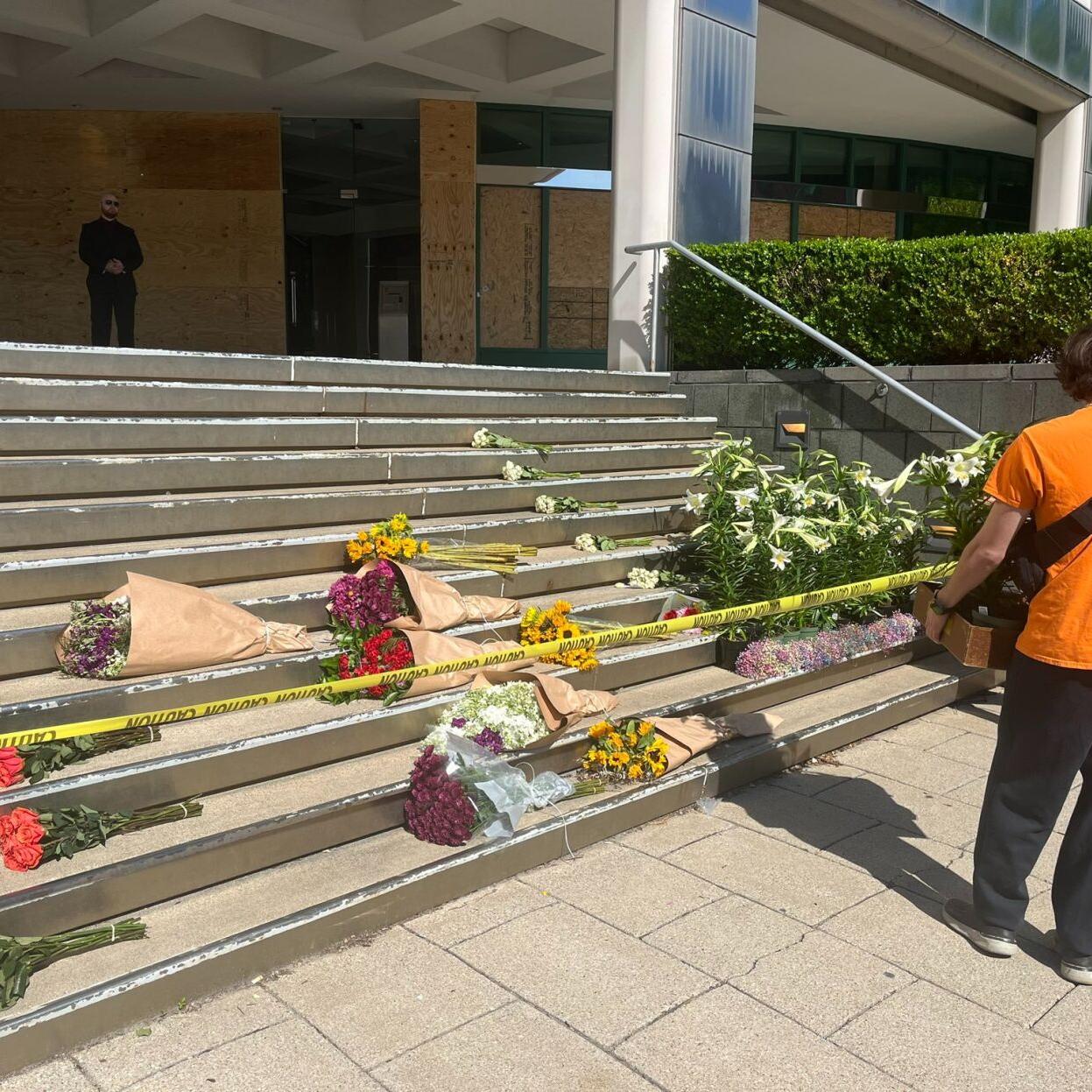 Memorial at Old National Bank building in downtown Louisville after April 10, 2023 mass shooting